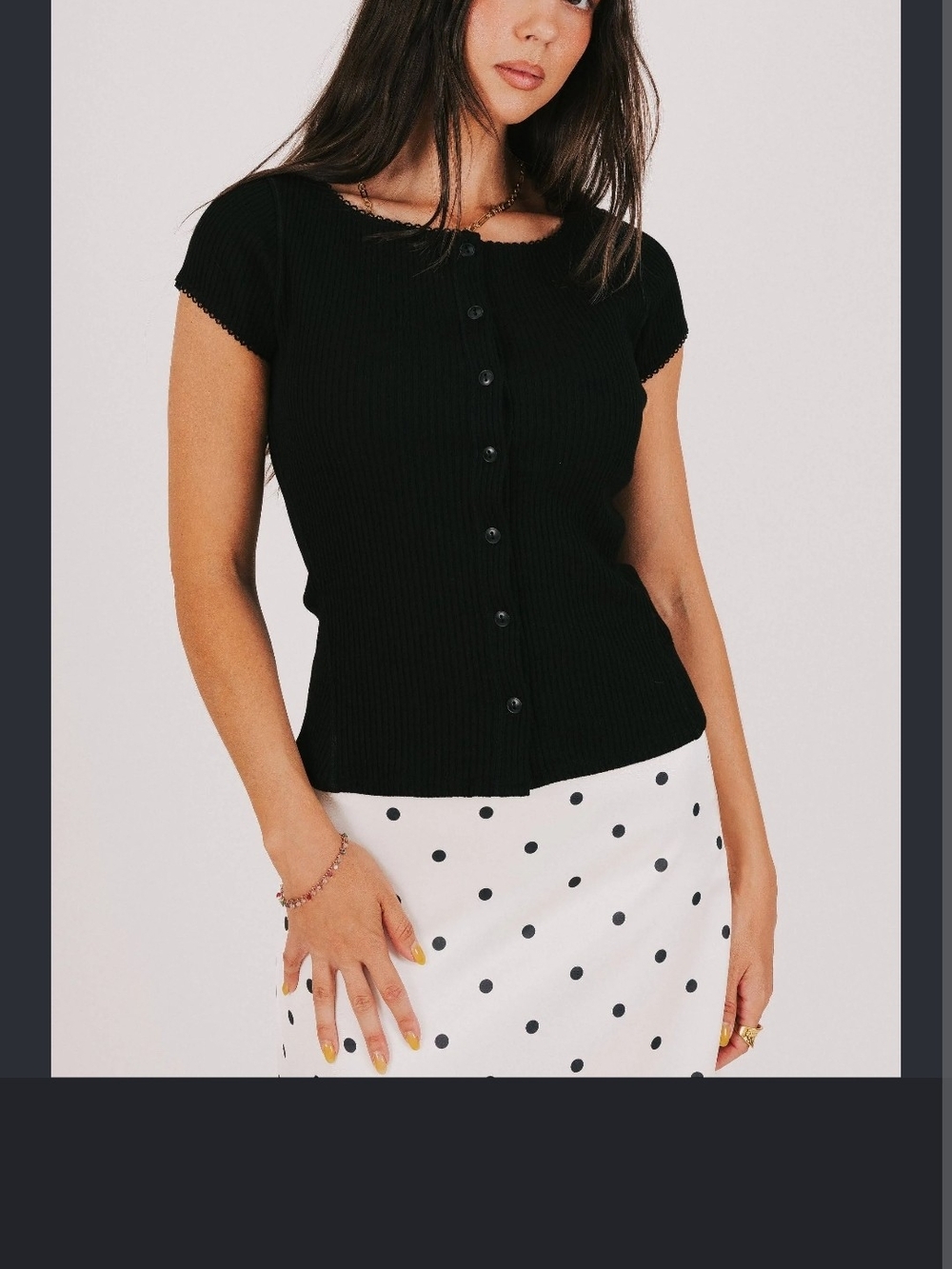 Free People Black Ribbed Cap-Sleeve Button-Front Top